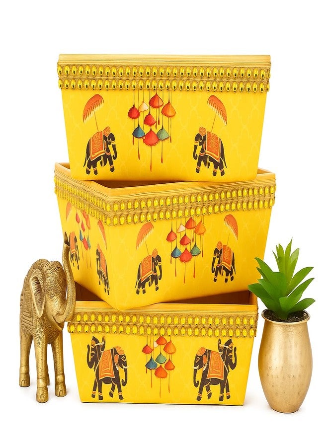 Scissors Crafts - Decorative Gift Basket with Traditional Dance Art & Net Cover | storage Hamper Basket | Cardboard Hamper Basket | {,8*8*3}| Two Ehinic Style (royal umbrela & elephant design, 20) - Image 5